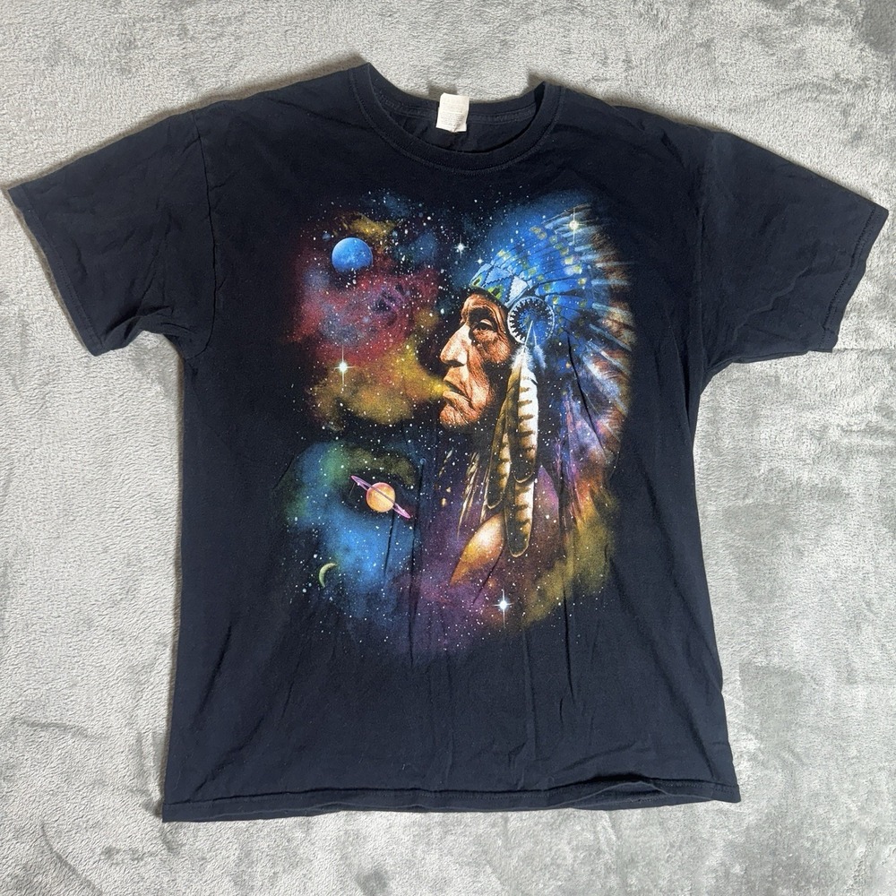 Native American Indian‎ Chief Headdress Smoking Planets Galaxy T Shirt Size L